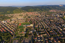 City view on the edge of the Odenwald from the west with sports field of the sports community Hemsbach 1912 eV in Hemsbach in the state Baden-Wuerttemberg, Germany