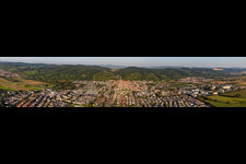 City panorama on the edge of the Odenwald forest from the west in Hemsbach in the state Baden-Wuerttemberg, Germany
