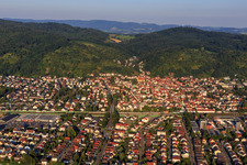 Aerial photograpy of City view on the edge of the Odenwald from the west in Hemsbach in the state Baden-Wuerttemberg, Germany