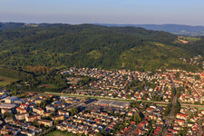 Oblique view of City view on the edge of the Odenwald from the west in Hemsbach in the state Baden-Wuerttemberg, Germany