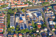 Former industrial facilities on Stettiner Straße with Familienheim Rhein-Neckar eG, storage and parking spaces, NeEm GmbH and Immobilienmanagement Tremmel in Hemsbach in the state Baden-Wuerttemberg, Germany