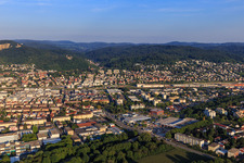 City view on the edge of the Odenwald from the northwest with Mannheime Straße, REWE Center Markus Mauz and Mercedes-Benz Service Weinheim, ŠKODA car dealership Weinheim - Autowelt Ebert in Weinheim in the state Baden-Wuerttemberg, Germany