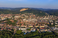 City view on the edge of the Odenwald from the west with Wormser Straße and Hans-Freudenberg-Schule in Weinheim in the state Baden-Wuerttemberg, Germany