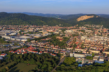 Aerial view of City view on the edge of the Odenwald from the west with Wormser Straße and Hans-Freudenberg-Schule in Weinheim in the state Baden-Wuerttemberg, Germany