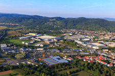 City view on the edge of the Odenwald from the southwest with Freudenberg Performance Materials in Weinheim in the state Baden-Wuerttemberg, Germany
