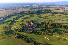 Aerial view of Golf Shop Gut Neuzenhof, Restaurant Gut Neuzenhof and day-spa Anke Bader at the Golf Club - Golf Course Heddesheim Gut Neuzenhof in Heddesheim in the state Baden-Wuerttemberg, Germany