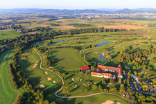 Oblique view of Golf Shop Gut Neuzenhof, Restaurant Gut Neuzenhof and day-spa Anke Bader at the Golf Club - Golf Course Heddesheim Gut Neuzenhof in Heddesheim in the state Baden-Wuerttemberg, Germany