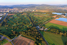 Aerial photograpy of Railway line cuts through the golf course of Golf-Club Bensheim eV in Bensheim in the state Hesse, Germany