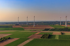Aerial photograpy of Hochborn-Gau-Heppenheim wind farm north of Bechtheim in the district Heßloch in Dittelsheim-Heßloch in the state Rhineland-Palatinate, Germany