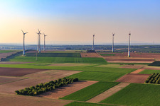 Oblique view of Hochborn-Gau-Heppenheim wind farm north of Bechtheim in the district Heßloch in Dittelsheim-Heßloch in the state Rhineland-Palatinate, Germany