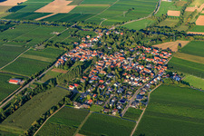 Village view between vineyards from the southwest on the A65 in Knöringen in the state Rhineland-Palatinate, Germany