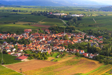 Aerial view of Village view from the southwest in Göcklingen in the state Rhineland-Palatinate, Germany