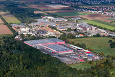 Aerial photograpy of Hornbach logistics center in front of the Landau Ost industrial area in the district Dreihof in Essingen in the state Rhineland-Palatinate, Germany