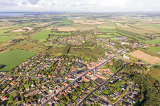 Aerial view of Town View of the streets and houses of the residential areas in Outrup in , Denmark