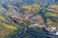 View of the Queichtal from the northwest in the district Queichhambach in Annweiler am Trifels in the state Rhineland-Palatinate, Germany