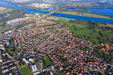 Overview of the town in front of the Rhine bridge in the district Maximiliansau in Wörth am Rhein in the state Rhineland-Palatinate, Germany