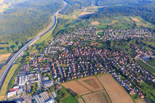 Aerial view of Overview of the town from the west on the A8 in the district Nöttingen in Remchingen in the state Baden-Wuerttemberg, Germany
