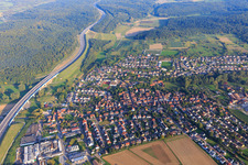 Aerial photograpy of Overview of the town from the west on the A8 in the district Nöttingen in Remchingen in the state Baden-Wuerttemberg, Germany