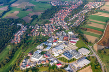 Aerial view of Otto-Hahn-Straße industrial area in the district Dürrn in Ölbronn-Dürrn in the state Baden-Wuerttemberg, Germany