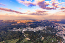 City view in the evening from the west with commercial area Karlsruher Straße (B10) in the district Brötzingen in Pforzheim in the state Baden-Wuerttemberg, Germany