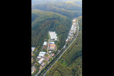 Aerial view of Industrial estate Alte Bundesstraße with Schumacher Packaging GmbH plant Hauenstein, Gottardo Logistics and Josef Seibel Schuhfabrik GmbH in Hauenstein in the state Rhineland-Palatinate, Germany