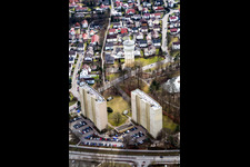 2 high-rise buildings and water tower on Dorschbergstr in Wörth am Rhein in the state Rhineland-Palatinate, Germany
