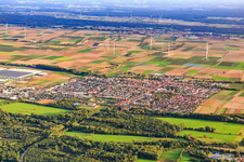 City view with wind farm from the north in Offenbach an der Queich in the state Rhineland-Palatinate, Germany