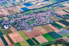 Village overview with sports field of SV Gommersheim 1945 eV in the center from the southwest in Gommersheim in the state Rhineland-Palatinate, Germany