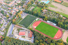 Aerial view of Artificial turf pitch at the Franz-Hage Stadium in Bellheim in the state Rhineland-Palatinate, Germany