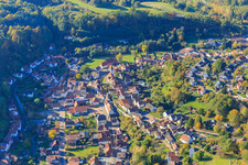Aerial view of Village center with Church of St. Peter and Paul in Bundenthal in the state Rhineland-Palatinate, Germany