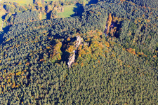 Oblique view of Bruchweiler Geiersteine in Bruchweiler-Bärenbach in the state Rhineland-Palatinate, Germany