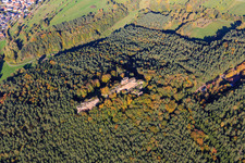 Aerial view of Drachenfels Castle Ruins in Busenberg in the state Rhineland-Palatinate, Germany