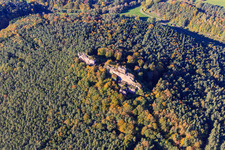 Oblique view of Drachenfels Castle Ruins in Busenberg in the state Rhineland-Palatinate, Germany