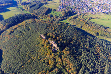 Drachenfels Castle Ruins in Busenberg in the state Rhineland-Palatinate, Germany from above