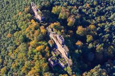 Drachenfels Castle Ruins in Busenberg in the state Rhineland-Palatinate, Germany out of the air