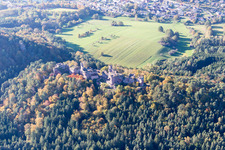 Ruin Old-Dahn in Dahn in the state Rhineland-Palatinate, Germany from above