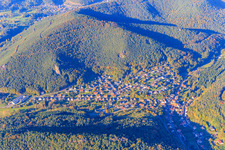 Village view in the Palatinate Forest from the south in Lug in the state Rhineland-Palatinate, Germany