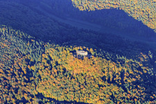 Aerial view of Meistersel Castle ruins scaffolded for renovation in Ramberg in the state Rhineland-Palatinate, Germany