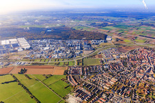 Industrial area with SAP SE and Heidelberger Druckmaschinen AG from the northeast in Walldorf in the state Baden-Wuerttemberg, Germany