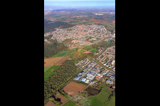 City view from the southeast beyond the industrial area Industriestr in Sandhausen in the state Baden-Wuerttemberg, Germany