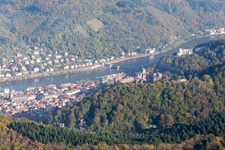 Aerial view of Neckar Valley in the district Kernaltstadt in Heidelberg in the state Baden-Wuerttemberg, Germany