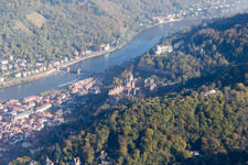 Aerial view of Old town, Old Bridge over the Neckar, Castle in the district Kernaltstadt in Heidelberg in the state Baden-Wuerttemberg, Germany