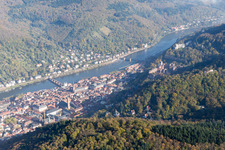 Oblique view of Old town, Old Bridge over the Neckar, Castle in the district Kernaltstadt in Heidelberg in the state Baden-Wuerttemberg, Germany
