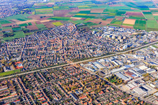 View of the town from the southeast, cut through by the A5 in the district Pfaffengrund-Nord in Heidelberg in the state Baden-Wuerttemberg, Germany