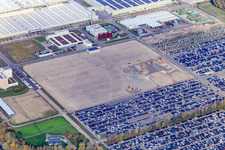 Oblique view of Insel Grün with MOSOLF Logistics & Services GmbH and Mercedes-Benz Global Logistics Center in Germersheim in the state Rhineland-Palatinate, Germany
