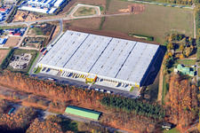 Waldstückerring industrial area with logistics hall for Continental Reifen GmbH and FIEGE Logistik from the east in Bellheim in the state Rhineland-Palatinate, Germany