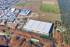 Aerial view of Waldstückerring industrial area with logistics hall for Continental Reifen GmbH and FIEGE Logistik from the east in Bellheim in the state Rhineland-Palatinate, Germany
