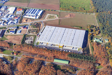 Aerial photograpy of Waldstückerring industrial area with logistics hall for Continental Reifen GmbH and FIEGE Logistik from the east in Bellheim in the state Rhineland-Palatinate, Germany