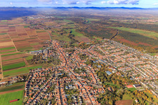 Overview of the town from the east to the Queichwiesen in Bellheim in the state Rhineland-Palatinate, Germany