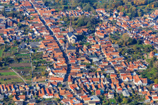 Aerial view of Overview of the town with main street from the east in Bellheim in the state Rhineland-Palatinate, Germany